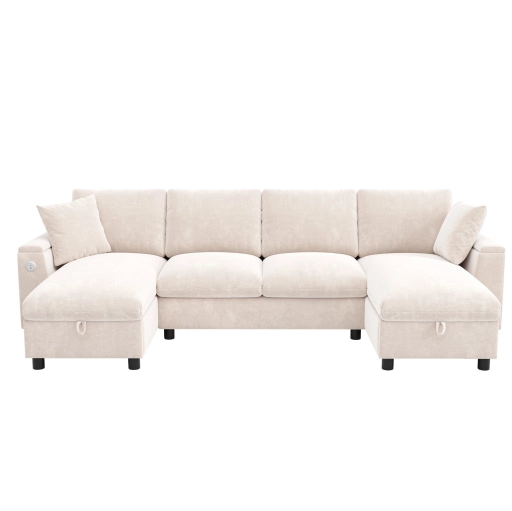 Divano a U 279x135 cm in ciniglia beige con contenitore e porte USB e USB-C
