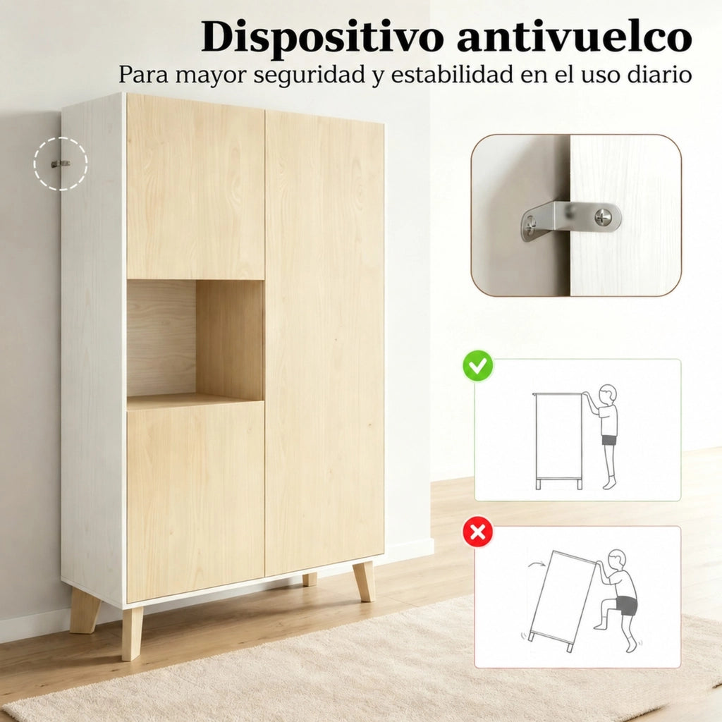 Credenza bianca e rovere chiaro con cinque vani, 80 x 40 x 135 cm