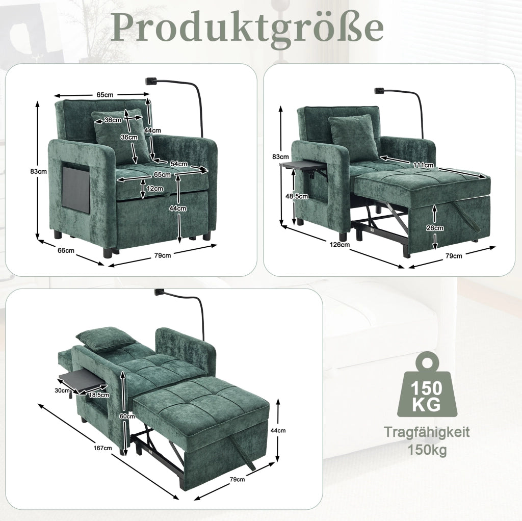 Poltrona convertibile 167x79x83 cm in ciniglia verde con cuscino, 150 kg