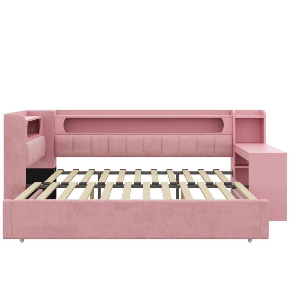 Letto imbottito rosa estensibile con scrivania, luci LED e prese USB