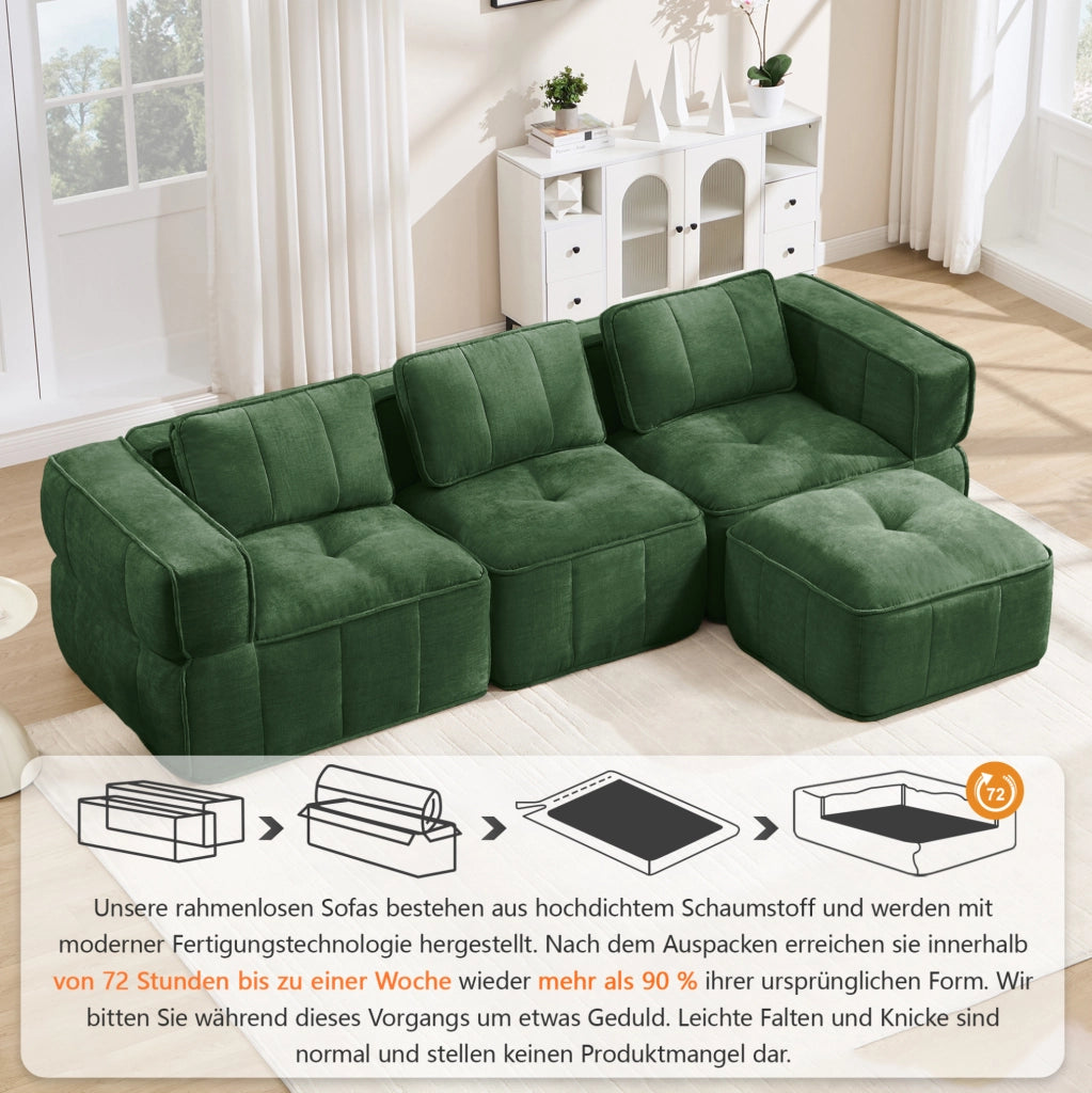 Divano modulare verde in poliestere con pouf, 271 × 162 × 67 cm