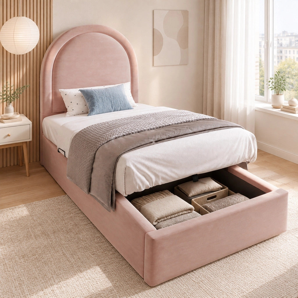 Letto singolo imbottito rosa 90x190 cm con contenitore e materasso