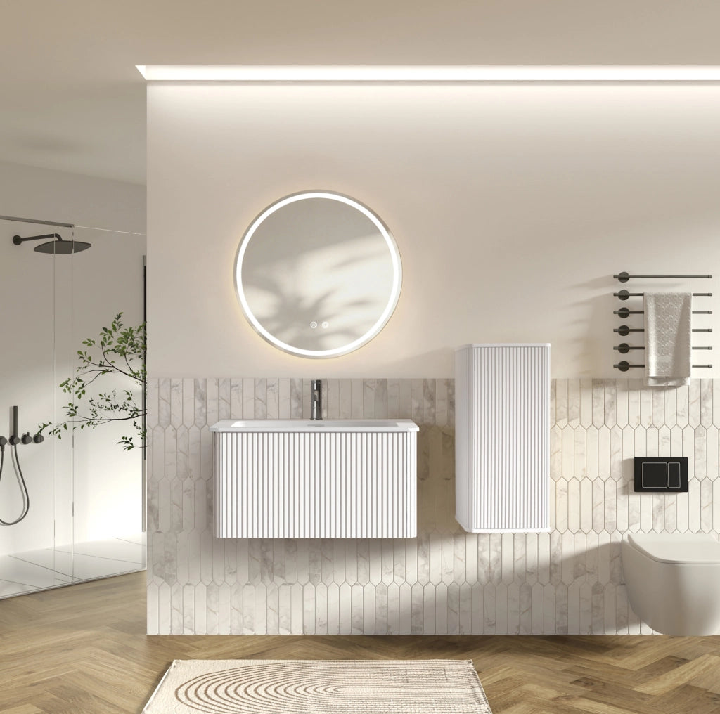 Mobile bagno con lavabo e specchio LED 80 cm bianco con mobile laterale