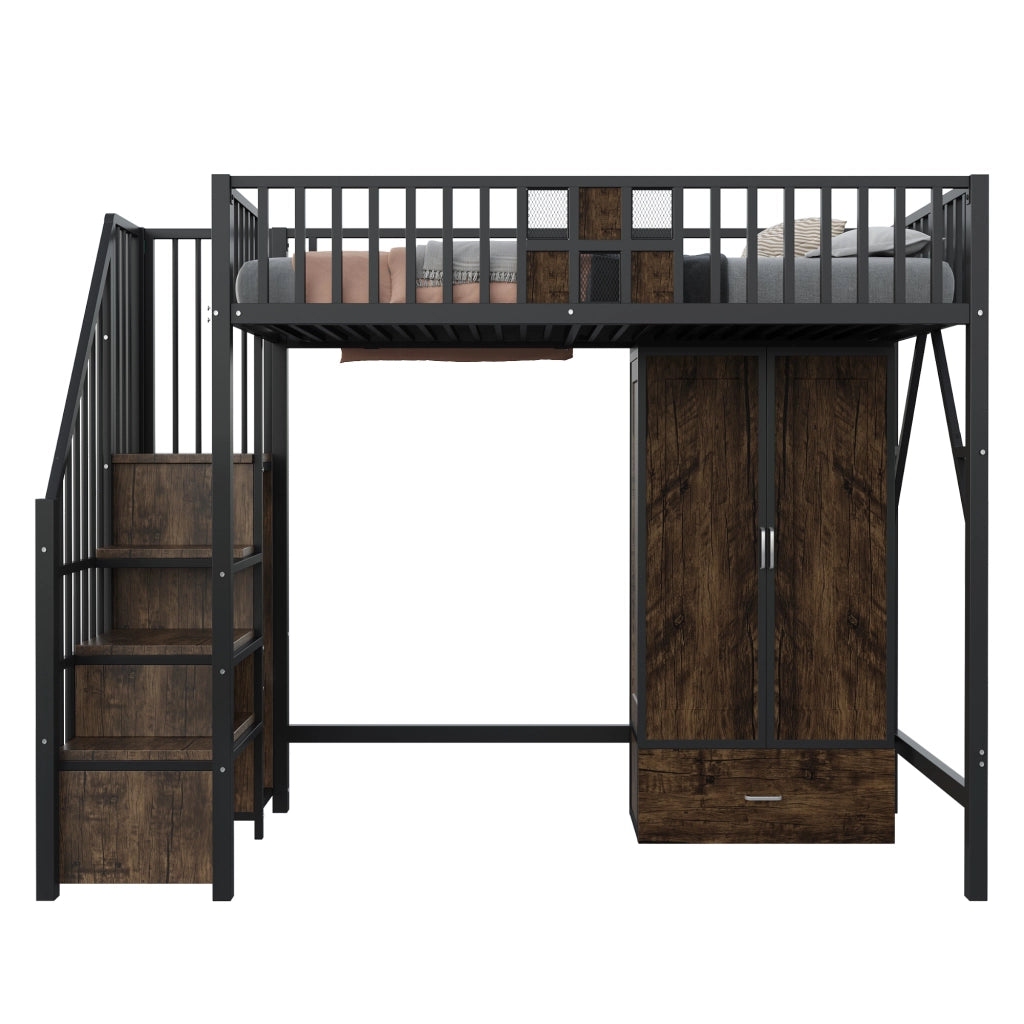 Letto a soppalco con armadio scala contenitore e cassetto in metallo e legno nero