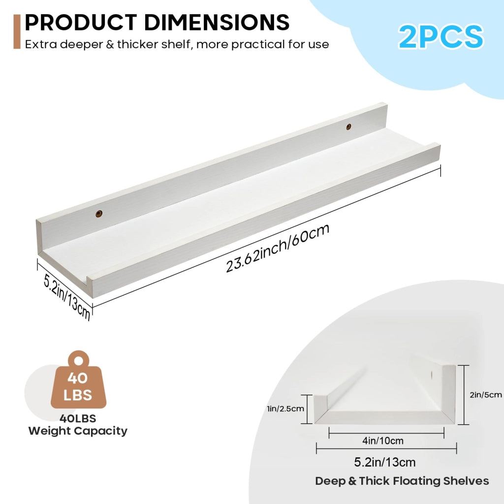 Set di 2 mensole a parete, colore bianco, 60 cm, in legno, con bordo