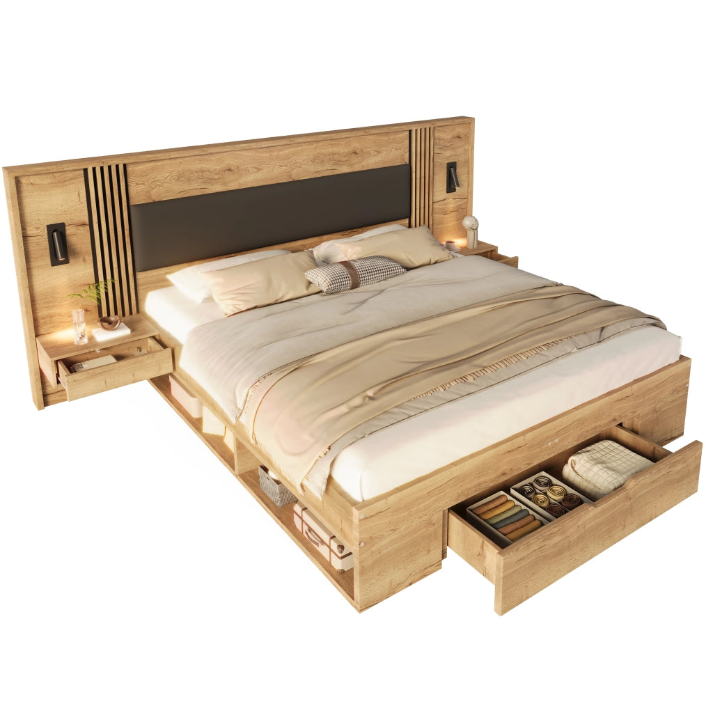 Letto matrimoniale 160x200 cm in MDF color naturale; con contenitore; comodini integrati e lampade da lettura