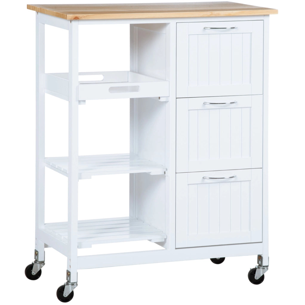 Carrello da cucina IVMEU bianco 67x37x84 cm con 3 cassetti, 2 ripiani aperti, vassoio estraibile e ruote
