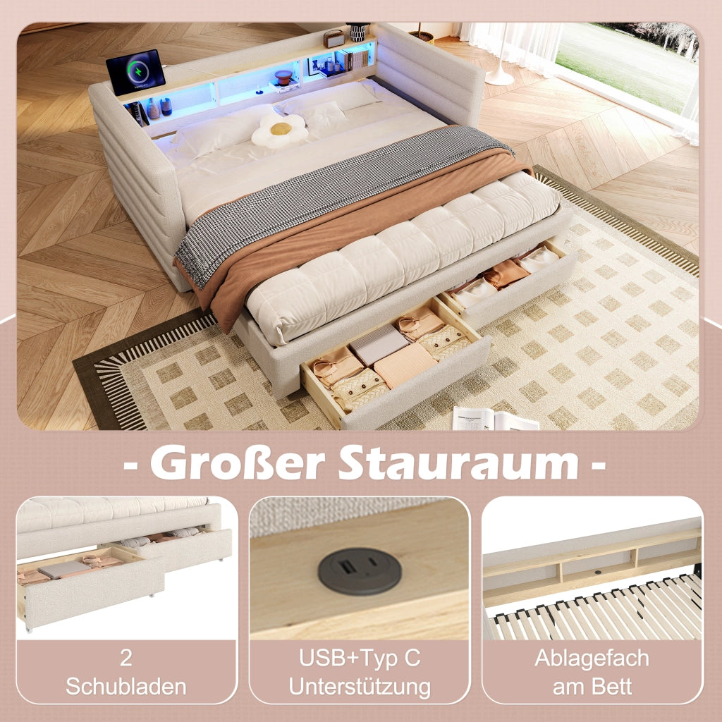 Letto singolo estraibile 90 × 190 cm in velluto beige con LED USB tipo C due cassetti e vani portaoggetti