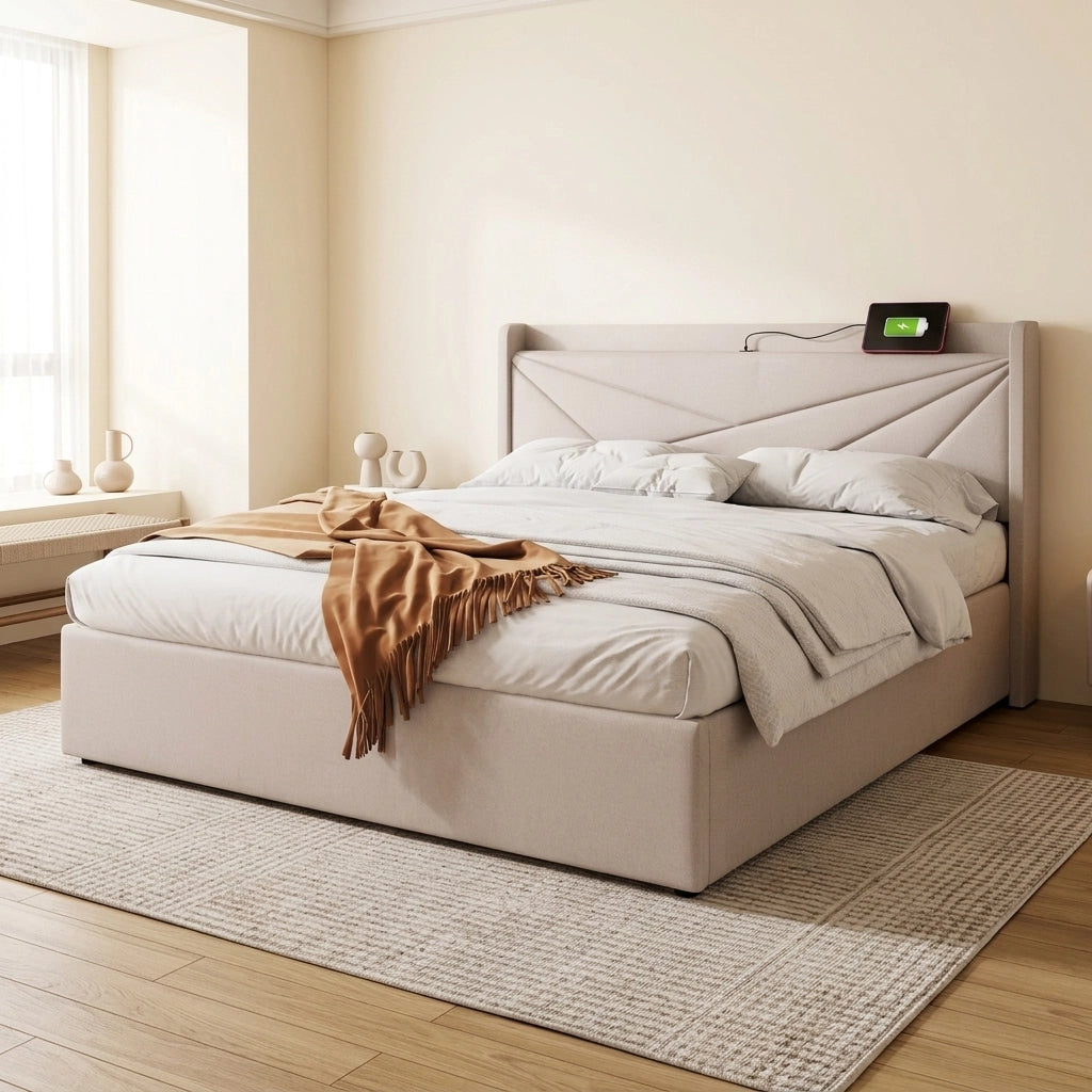 Letto matrimoniale con contenitore 140 ¡Á 200 cm con testiera imbottita USB e Type-C rivestito in cotone e lino beige