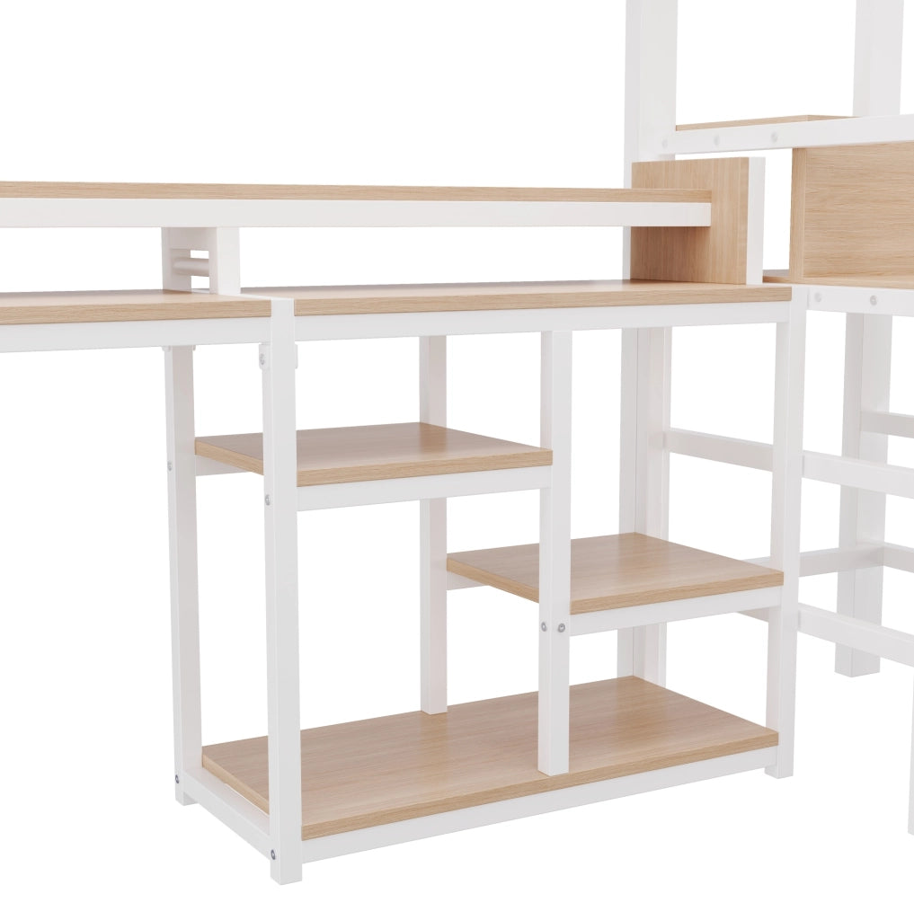 Letto a soppalco 140 x 200 cm bianco con LED, USB e vano scala