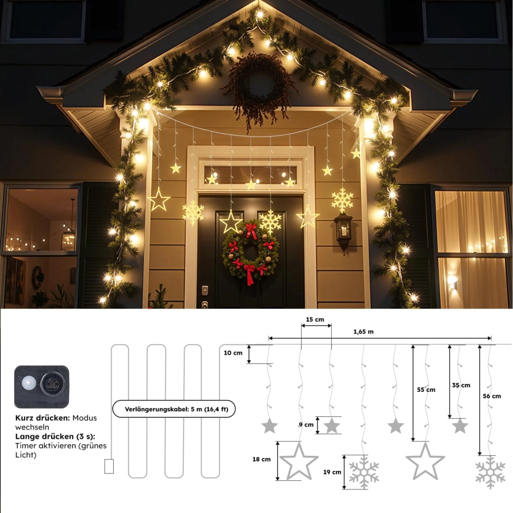 Tenda luminosa con stelle e fiocchi di neve, 1,65 m, luce bianco caldo, alimentazione USB, timer
