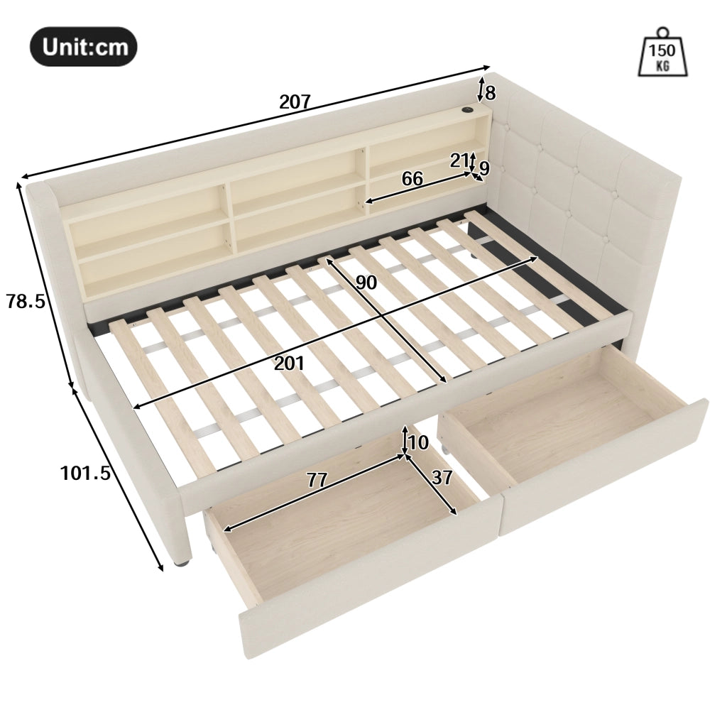 Letto da giorno 90x200 beige in lino con 2 cassetti, USB-C e materasso