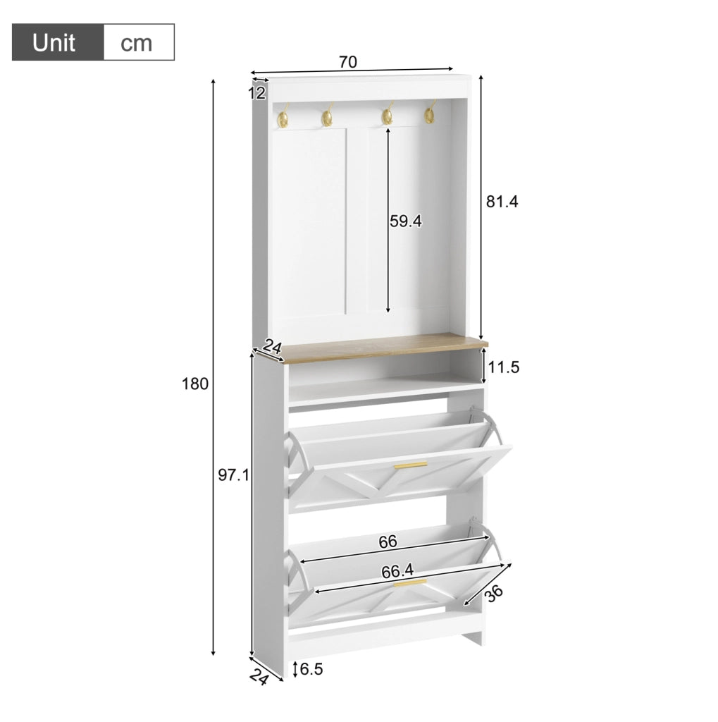 Scarpiera slim con LED, 2 vani a ribalta e ganci, bianco e naturale, 70 x 24 x 180 cm