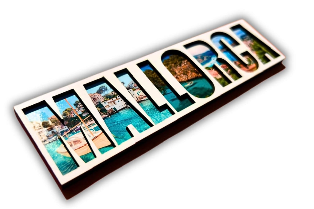 Magnete per frigorifero in legno con motivo di Mallorca, dimensioni 15 x 4 x 0,4 cm