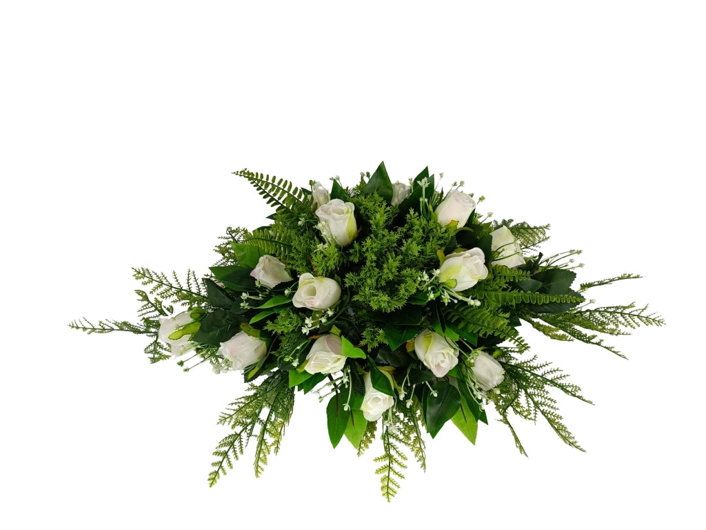 Composizione floreale artificiale, bianca, 95x55 cm, adatta per cimiteri e chiese