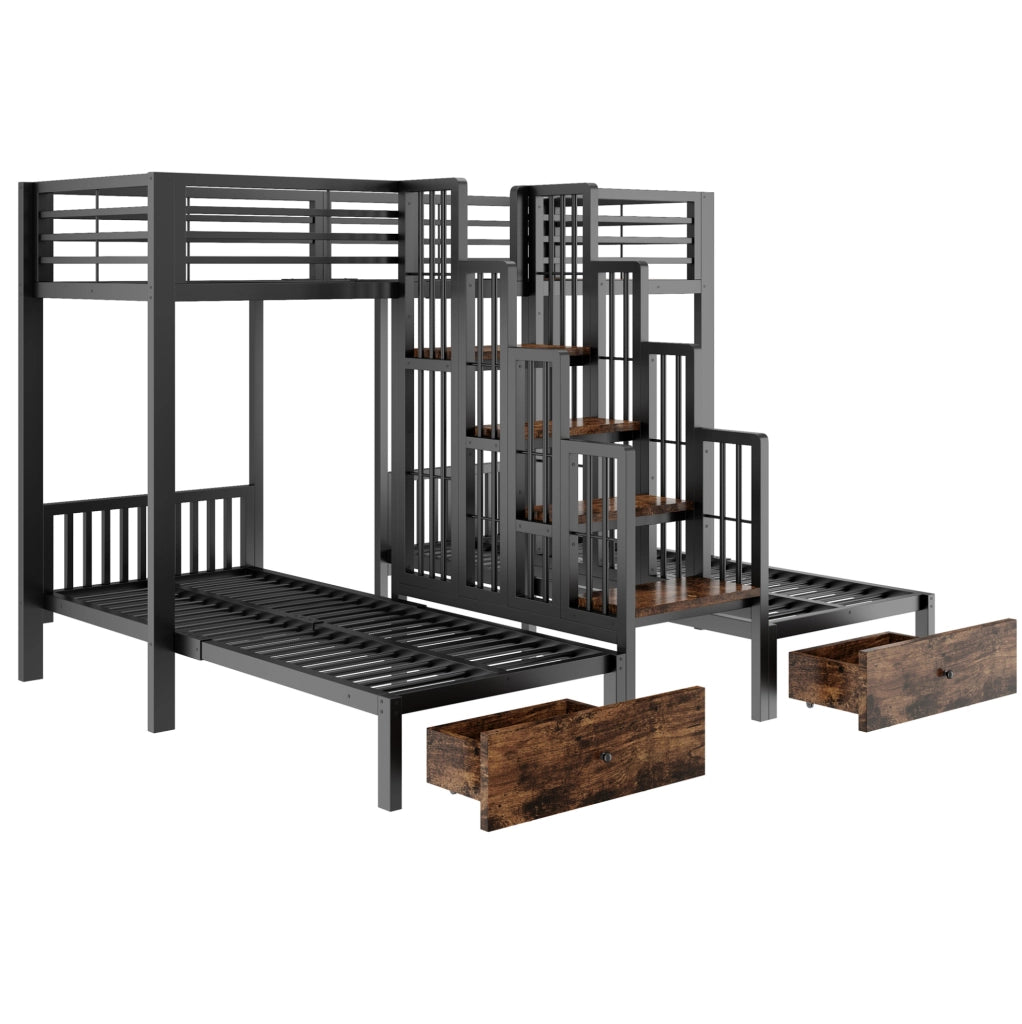 Letto a castello triplo 90 x 200 cm in metallo e legno nero con scala e 2 cassetti