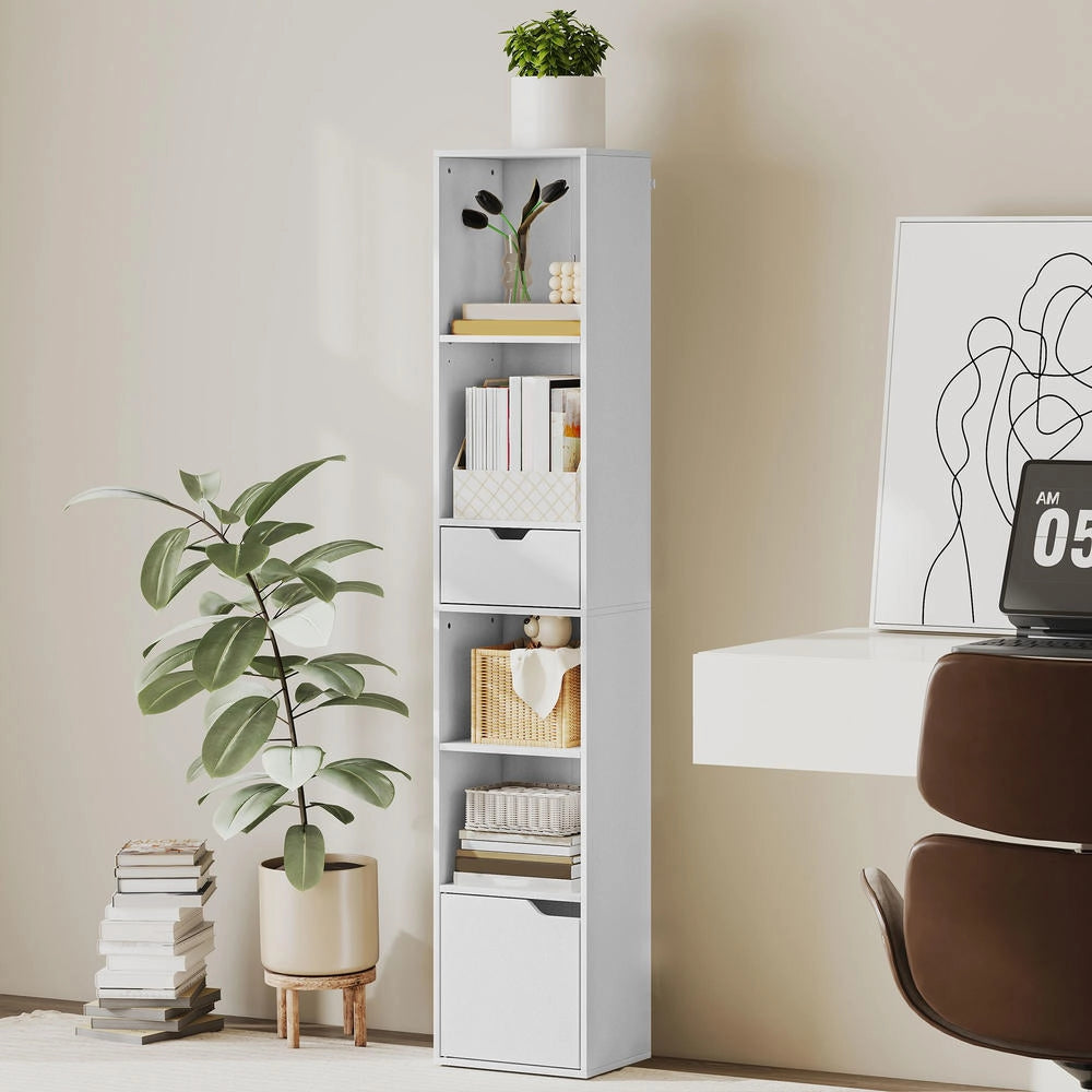 Libreria salvaspazio con cassetto anta e 4 ripiani mobile contenitore per casa 30 x 24 x 158 cm bianco