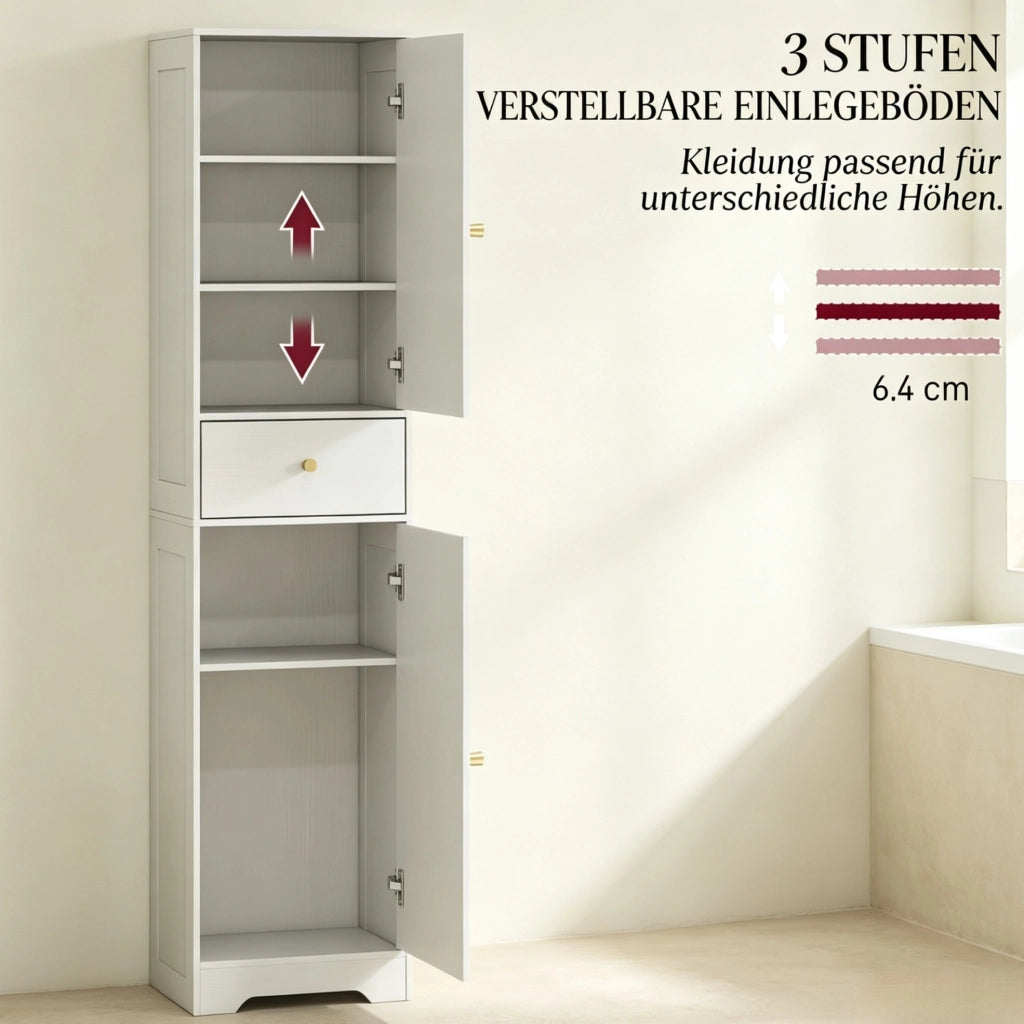 Mobile Colonna per Bagno in Truciolato Bianco 40x29,5x170 cm con Armadietti, Cassetto e Ripiani Regolabili