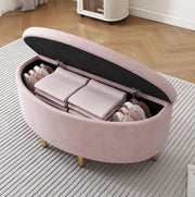 Panca contenitore imbottita in velluto rosa; utilizzabile come poggiapiedi