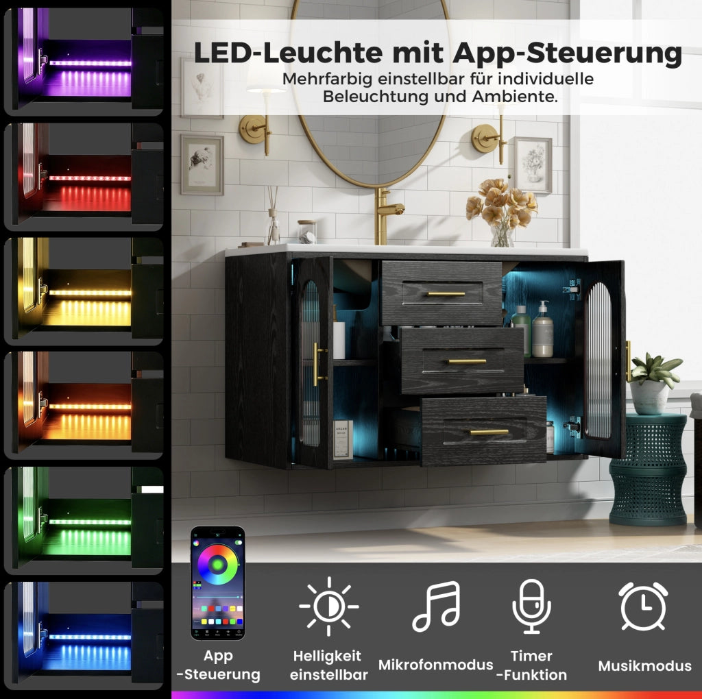 Mobile bagno sospeso 76 cm con lavabo in ceramica, finitura effetto legno nero, ante in vetro scanalato, illuminazione LED integrata