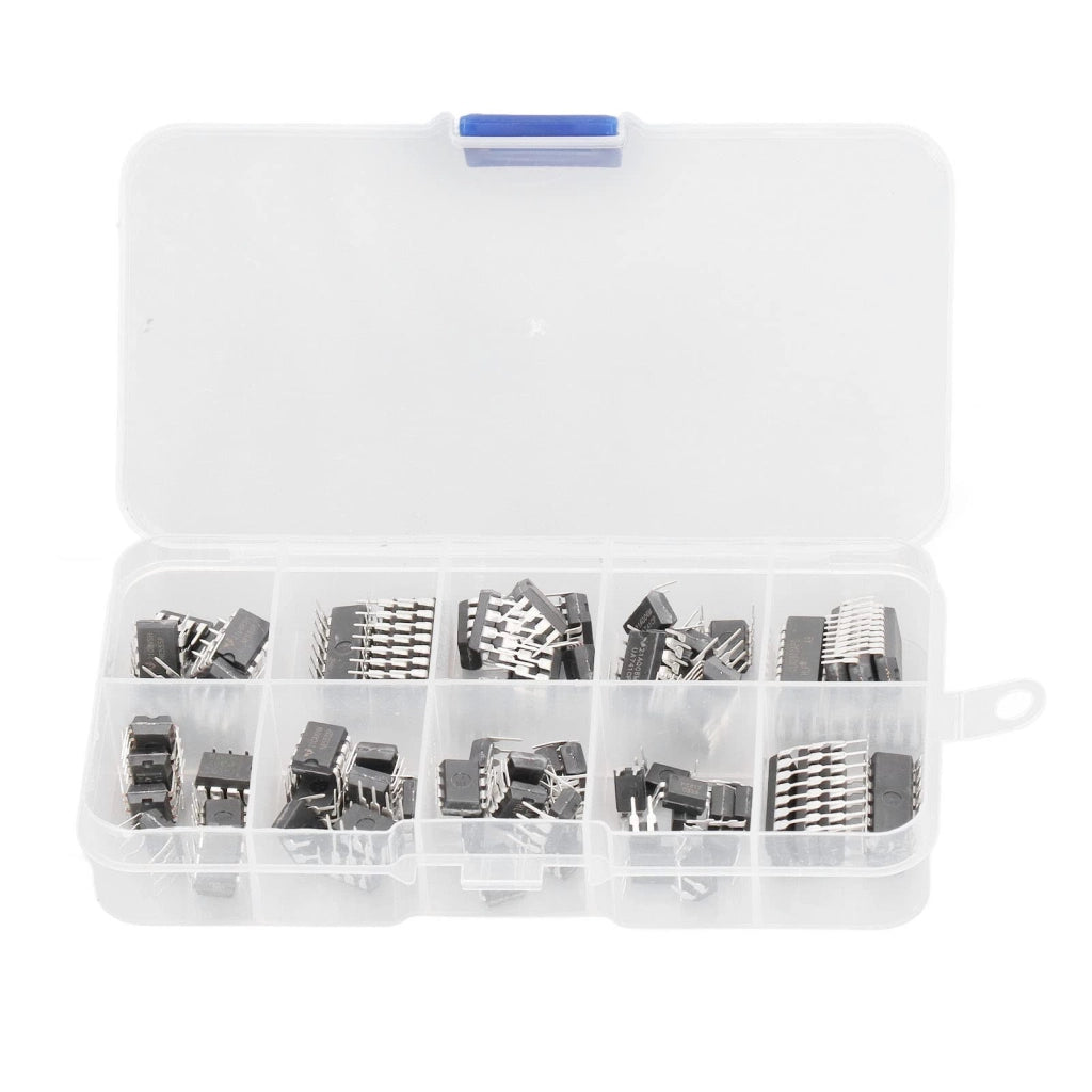 Kit di componenti elettronici composto da 85 pezzi, con 10 tipi diversi di chip, e contenitore di conservazione