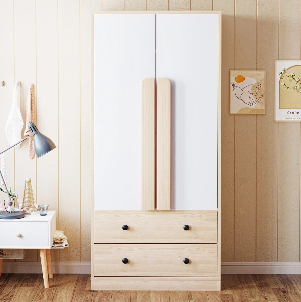 Armadio ULEVR 70x40x170 cm con 2 ante, 2 cassetti e vano interno, legno naturale e bianco