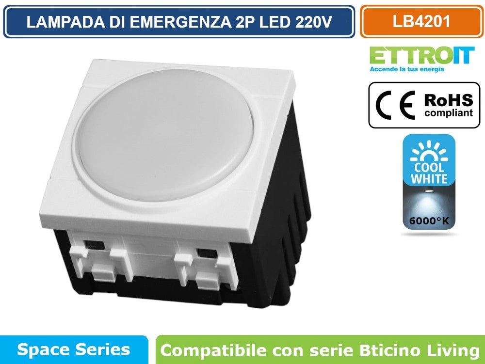 ETTROIT LAMPADA DI EMERGENZA DA INCASSO LED 2 MODULI 220V 6000K CON BATTERIA E TASTO ON/OFF COMPATIBILE BTICINO LIVING – SKU LB4201