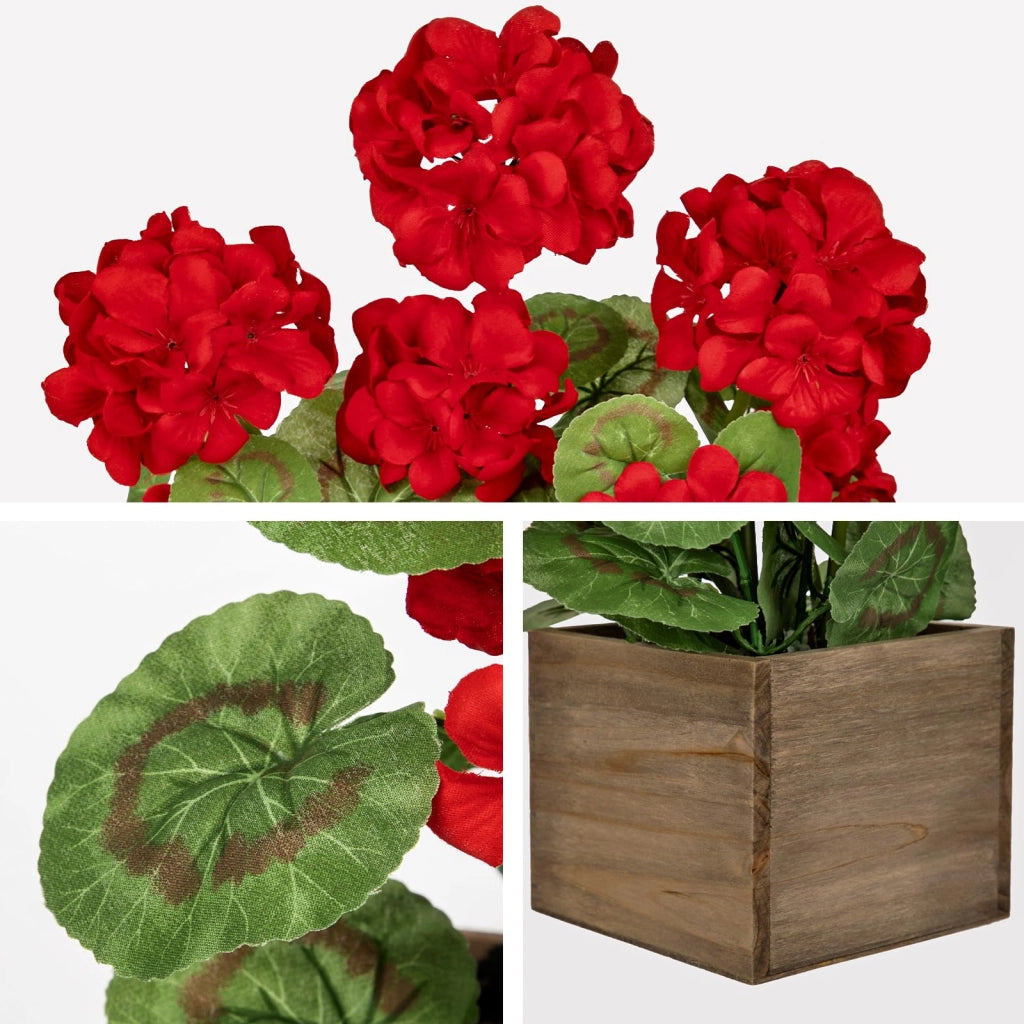 Geranio rosso artificiale in vaso di legno, altezza 40 cm, fiore di seta