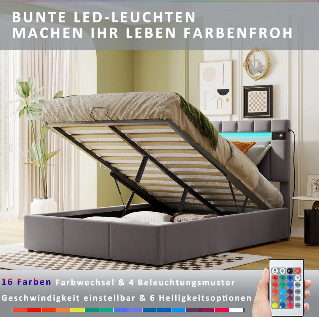 Letto matrimoniale con contenitore idraulico; LED; Bluetooth e USB; grigio