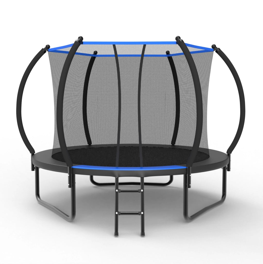 Trampolino rotondo 305 cm in acciaio nero e blu, rete di sicurezza, scala, da giardino