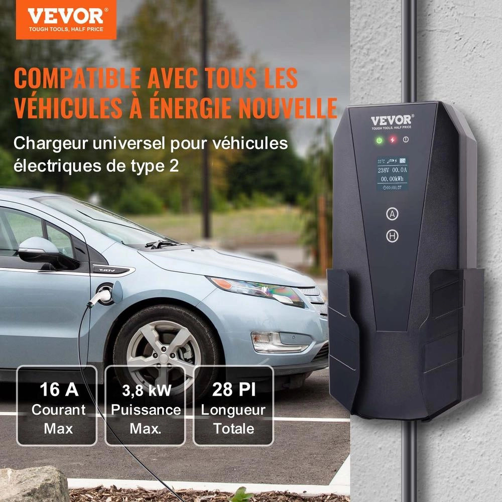 Caricatore EV Portatile Tipo 2 16A 3,68kW Monofase Cavo 8,6m Impermeabile IP66 Schermo LCD con Controllo App per Auto Elettrica
