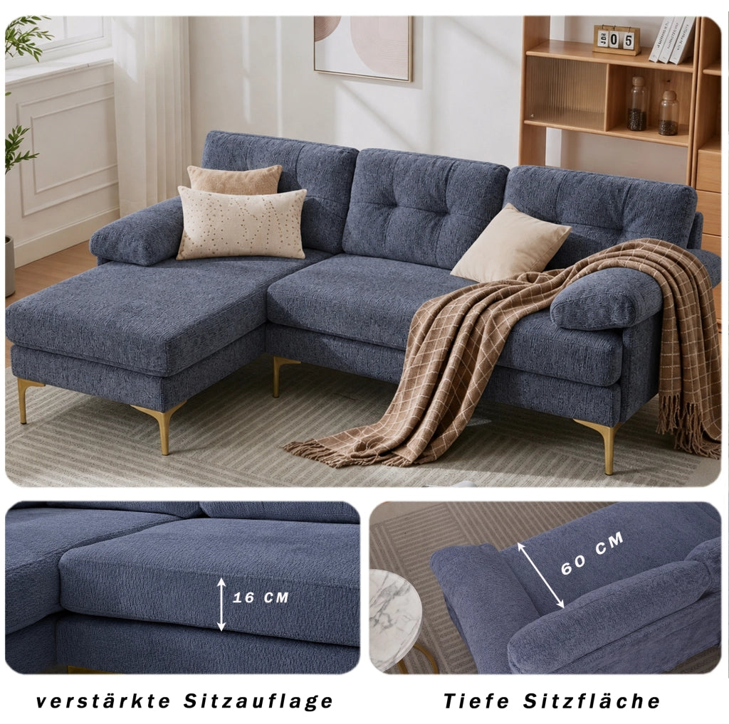 Divano angolare 3 posti in ciniglia blu con penisola reversibile