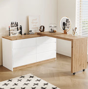 Scrivania girevole 120x50 cm con 6 cassetti e ruote bloccabili in truciolare rovere e bianco