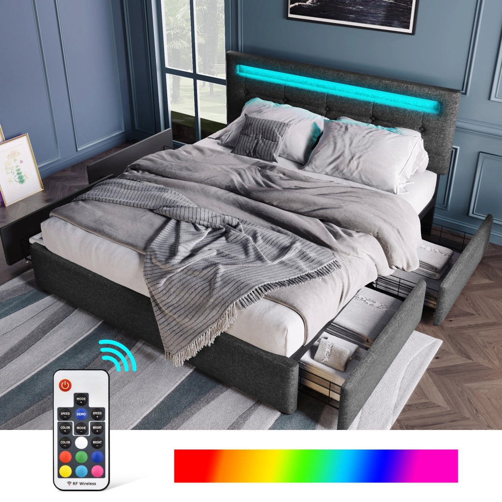 Letto singolo 90 ¡Á 200 cm con 2 cassetti LED testiera regolabile rivestito in lino nero con rete a doghe