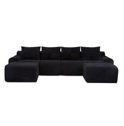 Divano modulare 4 posti 333x174x80 cm con moduli componibili, portabicchieri e tasca laterale in tessuto a coste nero, moderno