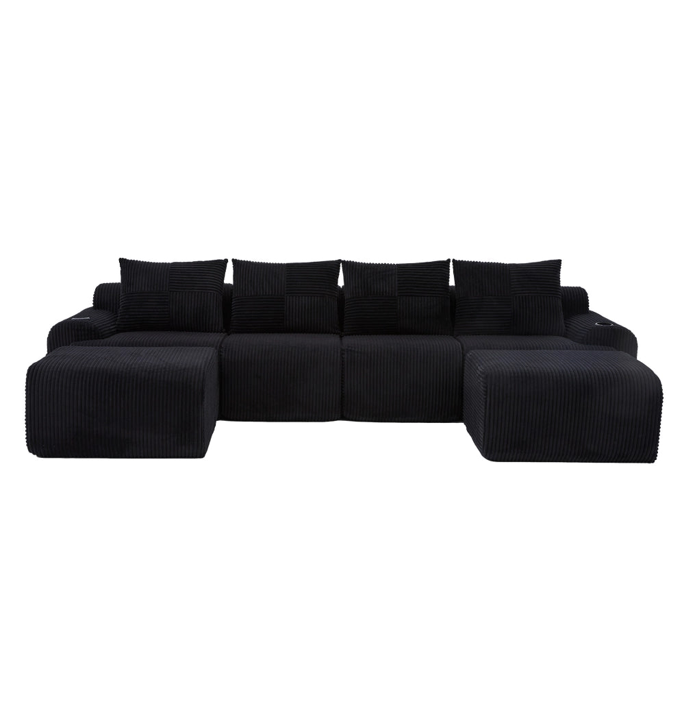 Divano modulare 4 posti 333x174x80 cm con moduli componibili, portabicchieri e tasca laterale in tessuto a coste nero, moderno