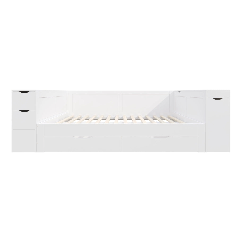 Letto contenitore 140x200 cm in MDF bianco con cassetti; armadietti e comodino integrato