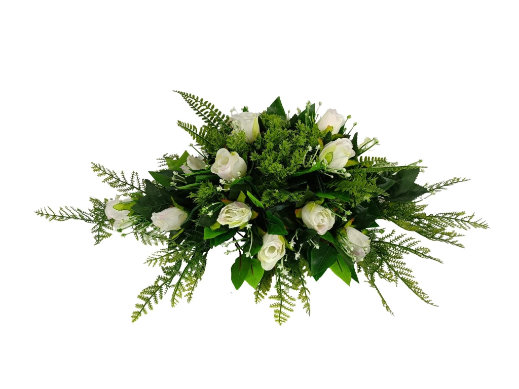 Composizione floreale artificiale, bianca, 95x55 cm, adatta per cimiteri e chiese