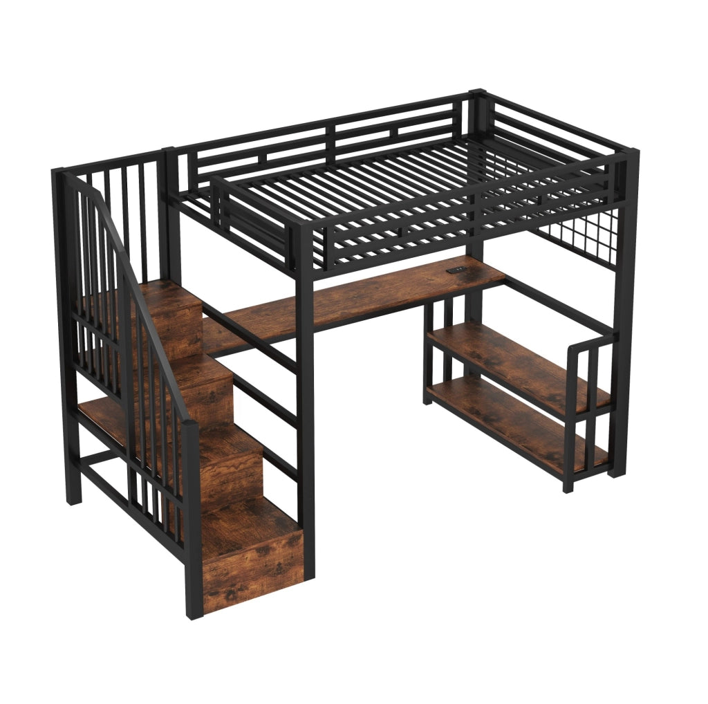 Letto a Castello 90x200 cm con Struttura in Ferro, Mensola, Rete Appendibile, Striscia LED, Scrivania, Scale con Spazio di Stoccaggio, 2 Porte USB e 1 Porta Tipo-C, Nero, Senza Materasso