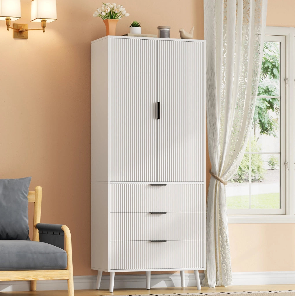 Armadio alto bianco con 2 ante e 3 cassetti, 75 × 35 × 180 cm