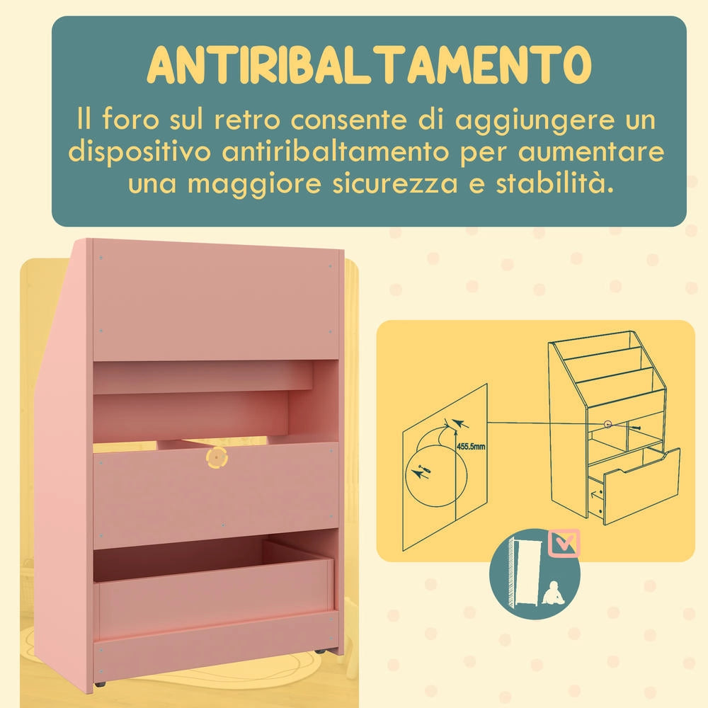 Piccola libreria per bambini in MDF, colore rosa, 60x29.9x90cm con ripiani, cassetto, design salvaspazio per cameretta