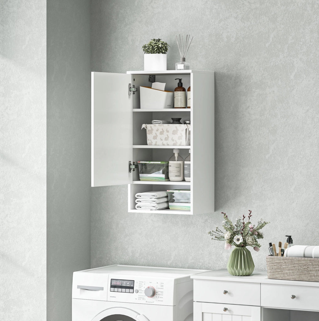 Mobiletto da Parete Bianco con Ante, Mensole Regolabili 40x27x77 cm per Bagno e Cucina