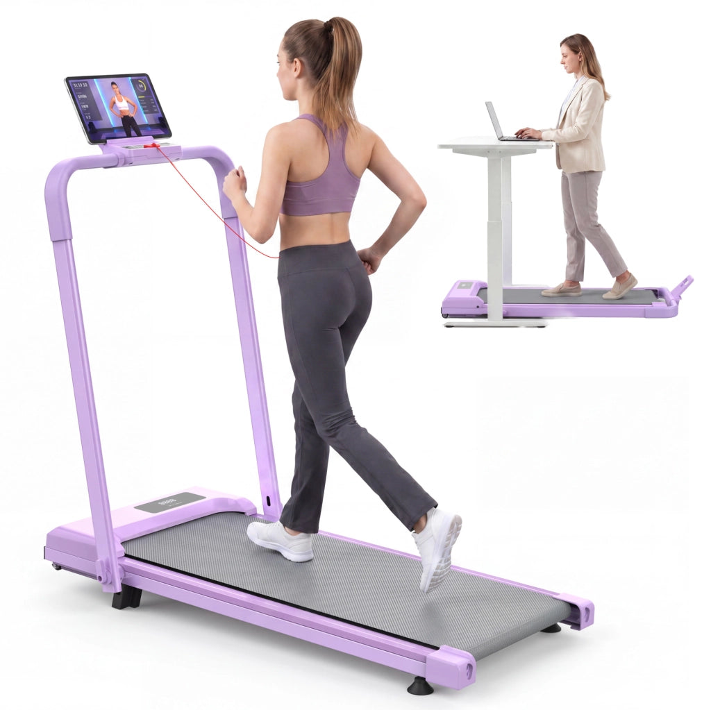 Tapis roulant pieghevole 3 in 1 con inclinazione 10%, portata 120 kg, viola