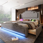 Letto matrimoniale 140 × 200 cm con quattro cassetti LED e porte USB e USB-C in velluto grigio con rete a doghe