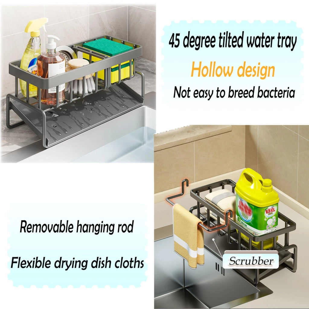 Organizer per lavello con vassoio autosvuotante per strofinaccio, portaspugna, accessori, organizzatore per lavello per cucina e bagno (Nero)