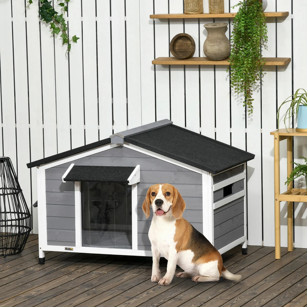 Cuccia per cani in legno di abete stile cottage con tetto bitumato apribile e 2 finestre, per giardino esterno, 109 x 79 x 72 cm, grigio