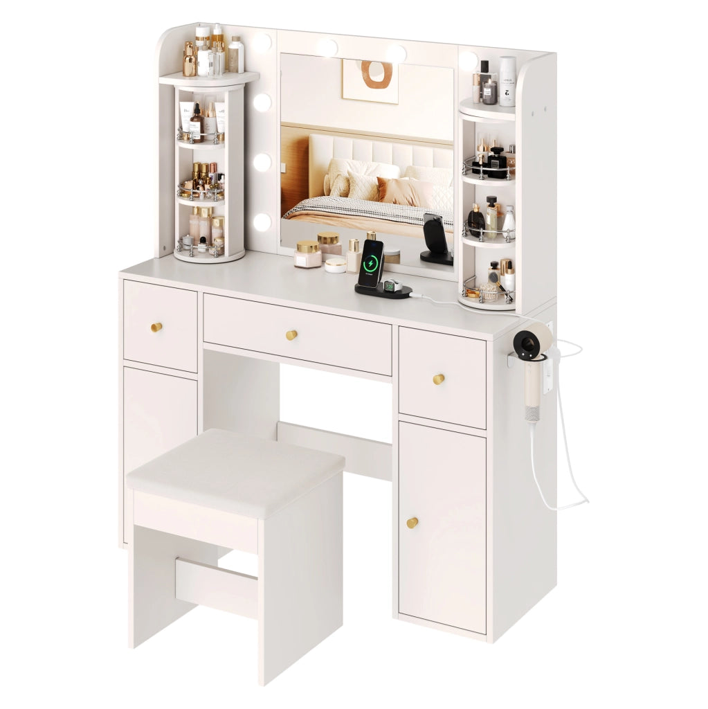 Toeletta bianca con specchio LED, organizer girevole e USB-C