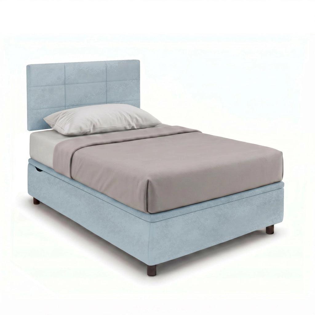 Letto Singolo Contenitore Imbottito 80x190 cm Microfibra Azzurro BoxMax Testata Square