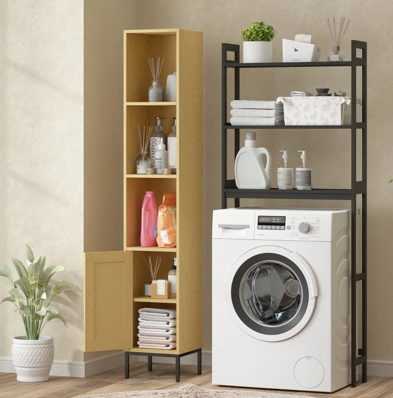 Mobile bagno alto e stretto effetto legno naturale e rattan