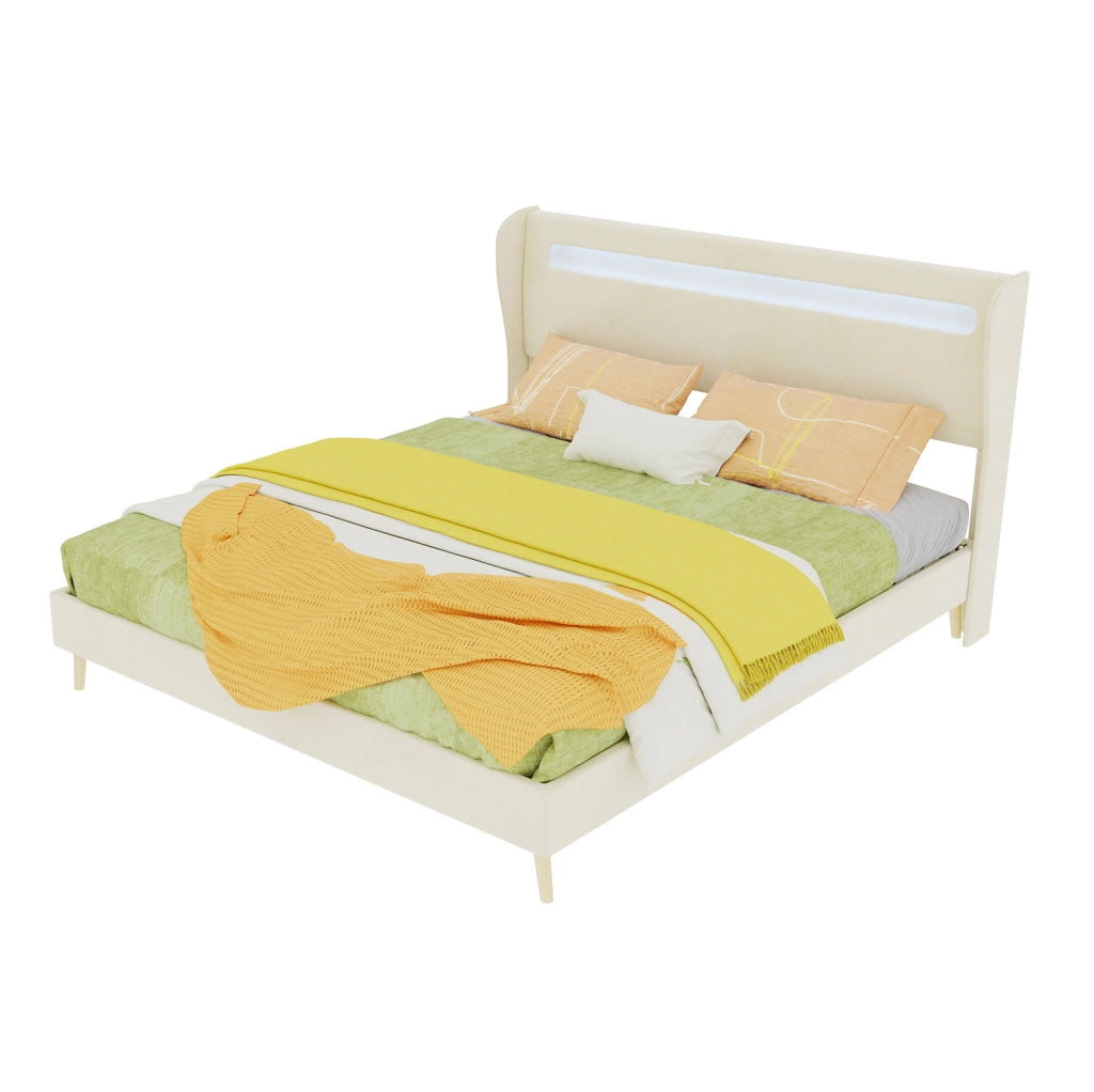 Letto Moderno Imbottito 160x200 cm con Testiera LED Integrata, Beige, Struttura Bassa Senza Contenitore, Materasso Incluso